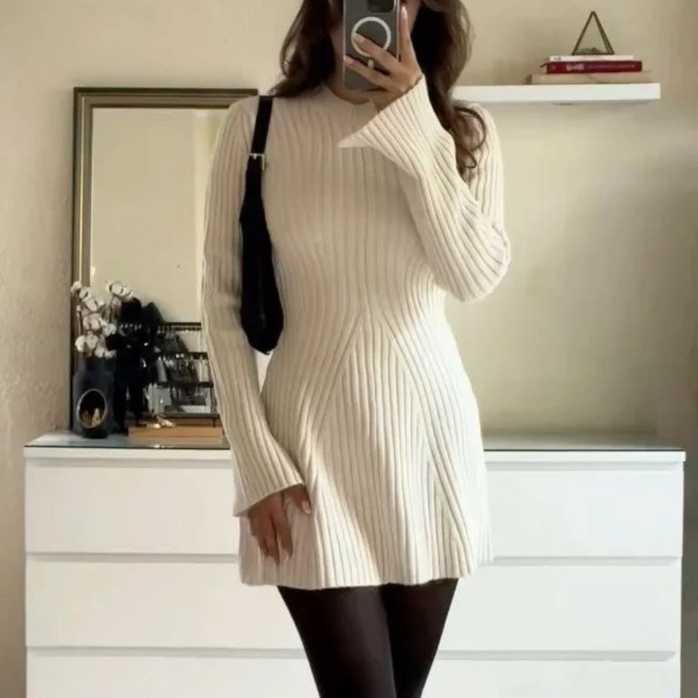 H&M VIRAL SOLD OUT Cream Ribbed Dress with A-Like Skirt & Bell Sleeves